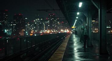 Figure on rainy train platform at night with city skyline photo