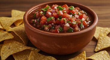 Chunky tomato salsa with tortilla chips in a rustic bowl on a wooden table photo