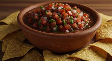 Fresh salsa and tortilla chips in a rustic bowl close up view photo
