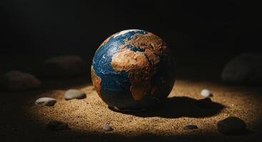 Small textured globe of Earth on sand representing environment and global issues photo