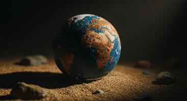 Artistic globe of earth on sand with rocks symbolizing environment and global concepts photo