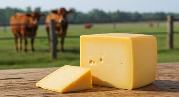 Cheese block and wedge on rustic wooden table with cows in a rural field photo