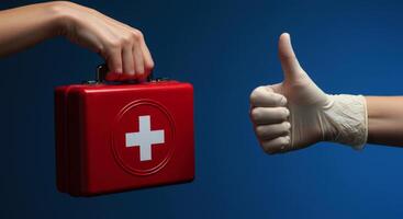 Red First Aid Kit and Gloved Hand Giving Thumbs Up Gesture photo