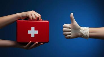 Female hand holding red first aid kit and medical hand with glove giving thumbs up photo