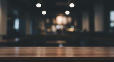 Empty Wooden Table Top With Blurred Cafe Background And Bokeh Lights photo