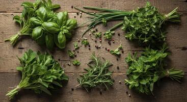 Fresh Herbs Assortment on Rustic Wooden Table with Peppercorns photo