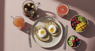 Healthy Breakfast with Poached Eggs on Toast Fruit Coffee and Juice Flat Lay photo