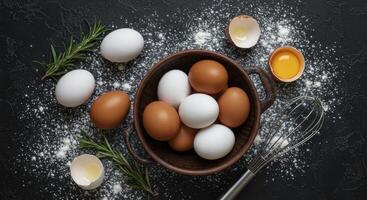 Fresh baking ingredients eggs flour whisk and rosemary for cooking photo