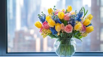 Colorful Bouquet of Tulips, Roses, and Delphiniums in a Glass Vase photo
