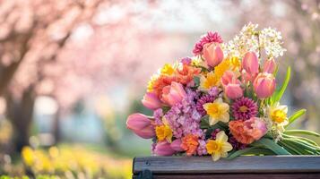 A Vibrant Bouquet of Spring Flowers on a Wooden Bench photo
