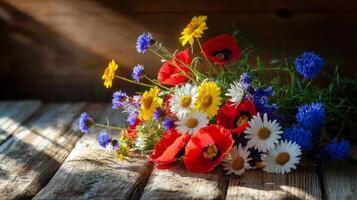 A Bouquet of Colorful Wildflowers on Weathered Wooden Boards photo