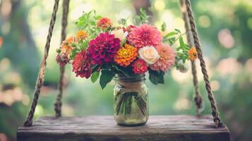 A Colorful Bouquet of Flowers in a Glass Jar on a Wooden Plank photo