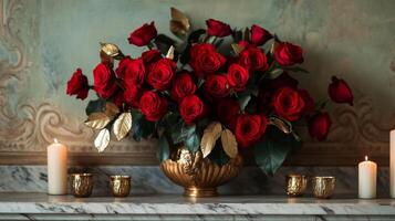 A Bouquet of Red Roses in a Gilded Vase with Candles on a Marble Mantel photo