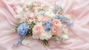 Delicate Pastel Flower Bouquet on Pink Fabric photo