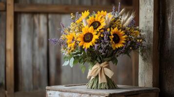 A Rustic Bouquet of Sunflowers and Lavender photo