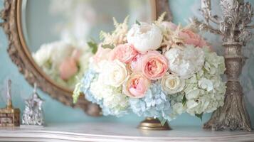 Delicate Pink and White Flower Bouquet with Blue Accents in a Gold Vase on a Vintage Table photo
