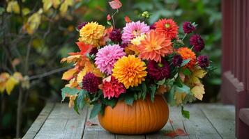 Colorful Dahlia Bouquet in a Pumpkin Vase photo