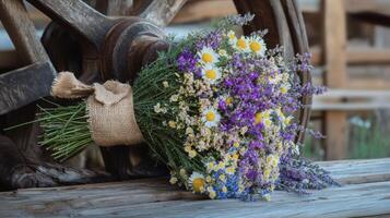 A Rustic Bouquet of Daisies and Purple Flowers Resting on a Wooden Wheel photo