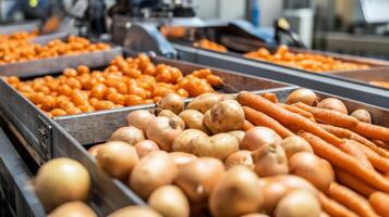 Close-up of Carrots, Potatoes, and Onions on a Conveyor Belt in a Food Processing Plant photo