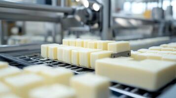 White Cube-Shaped Products Moving on a Conveyor Belt photo