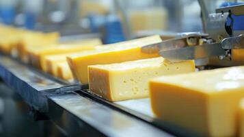 Cheese Blocks Moving on a Conveyor Belt in a Factory photo
