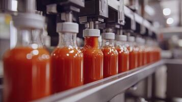 Bottles of Red Sauce on an Industrial Conveyor Belt photo