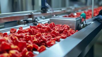 Sun-Dried Tomatoes Moving Along a Conveyor Belt in a Food Processing Factory photo