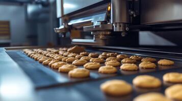 Close-up of freshly baked cookies on a conveyor belt in a factory. photo