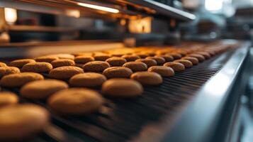 Close-up of freshly baked cookies on a conveyor belt in a bakery photo