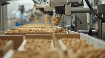 Automated Production Line Filling Boxes with Brown Grains photo