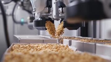 Automated Food Packaging with Cereal Grains Dispensing into Boxes photo