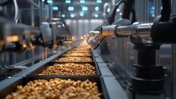 Automated Food Production Line with Robotic Arms Dispensing Golden Brown Food Products photo