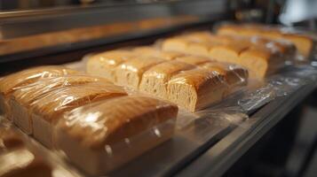Freshly Baked Loaves of Bread Wrapped in Plastic on a Conveyor Belt photo