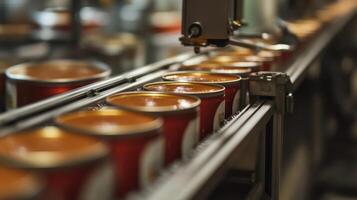 Conveyor Belt Filling Metal Cans With Liquid photo