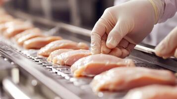 Gloved Hand Placing Raw Chicken Breast on Conveyor Belt in Food Processing Plant photo