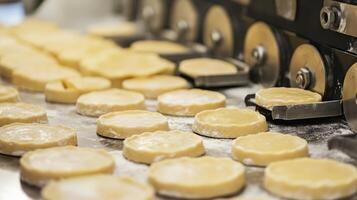 Dough Circles Moving Along a Conveyor Belt in a Bakery photo