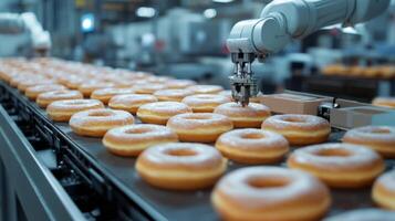 Automated Donut Production Line with Robotic Arm Applying Sugar Glaze photo