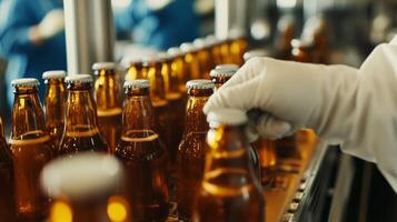 Close-up of a Hand in Gloves Handling Bottles on a Conveyor Belt in a Bottling Factory photo