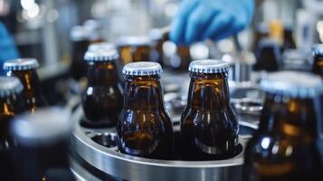 Close-up of Brown Glass Bottles on a Conveyor Belt in a Brewery photo