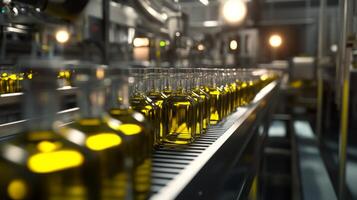 Glass Bottles Filled with Yellow Liquid Moving on a Conveyor Belt in a Factory photo