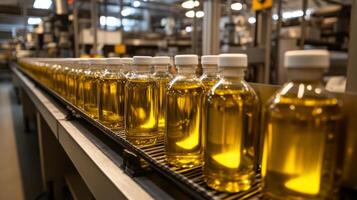 Bottles of Liquid Moving on Conveyor Belt in Factory photo