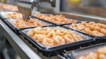 Close-up of Cooked Shrimp on a Conveyor Belt in a Food Processing Facility. photo