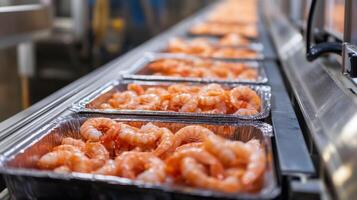 Close up of Cooked Shrimp on a Conveyor Belt in a Food Processing Facility photo