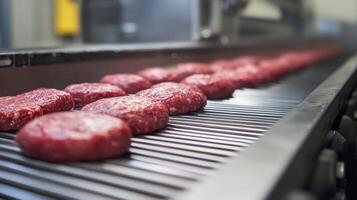Meat Patties Moving on a Conveyor Belt in a Food Processing Facility photo