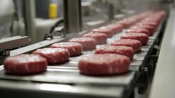 Raw Meat Patties Conveying on a Metal Belt in a Food Processing Plant photo