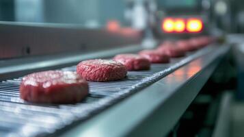 Raw Meat Patties Moving on a Conveyor Belt in a Food Processing Plant photo