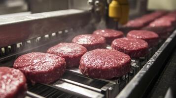 Raw Meat Patties Moving on a Conveyor Belt in a Food Processing Facility. photo
