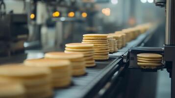 Stacks of Pancakes Moving on a Conveyor Belt in a Factory. photo
