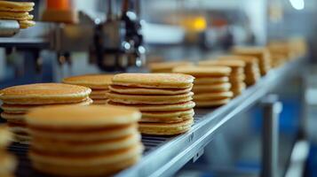 Stacks of golden brown pancakes on a conveyor belt in a food factory. photo