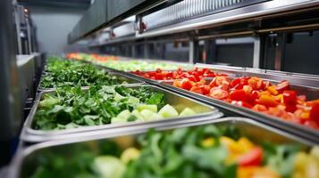 Rows of Freshly Chopped Vegetables in Stainless Steel Trays photo